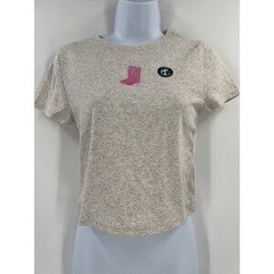 Aeropostale Seriously Soft Baby Tee L Beige Pink Embroidered Cowboy Boot Graphic
